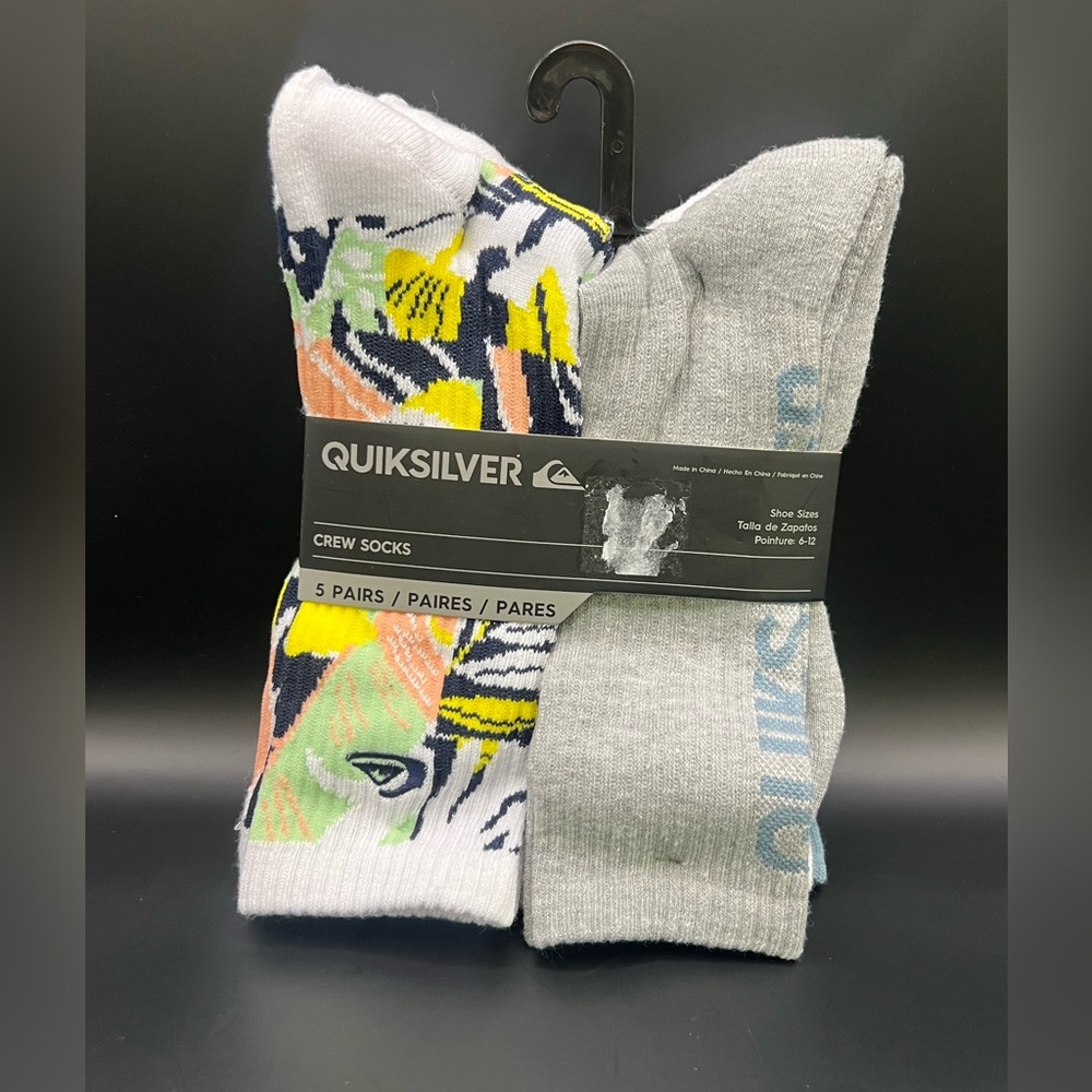Quiksilver Men's Multicolor and Gray Crew Socks -‎ 5 Pairs, NWT- Shoe Size:6-12